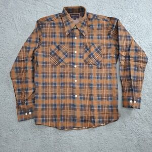 Vintage Woodland Mens Shirt Size Large Flannel Perma Press Brown Plaid Cabincore